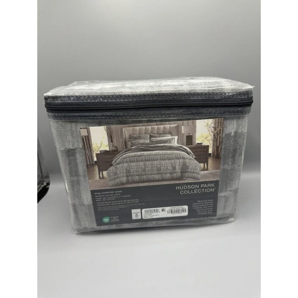 Hudson Park Collection Brushed Texture Stripe KING Duvet Cover + 2 EURO Sham New